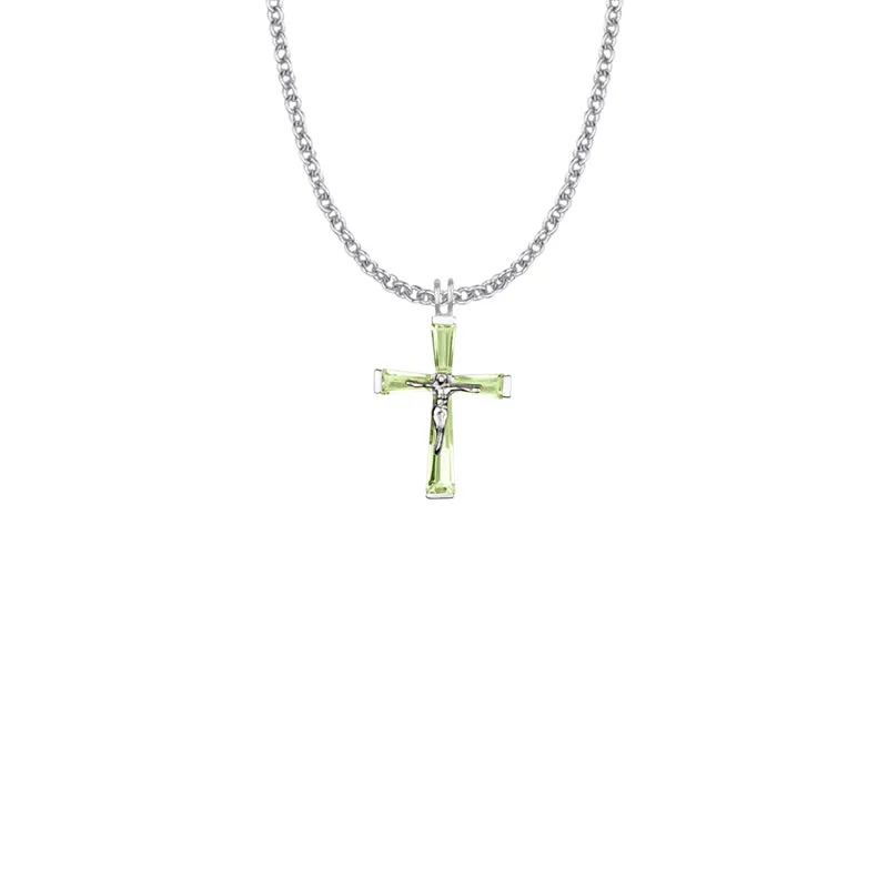 1 Inch Sterling Silver and Glass Crystal August Birthstone Baguette Crucifix Necklace