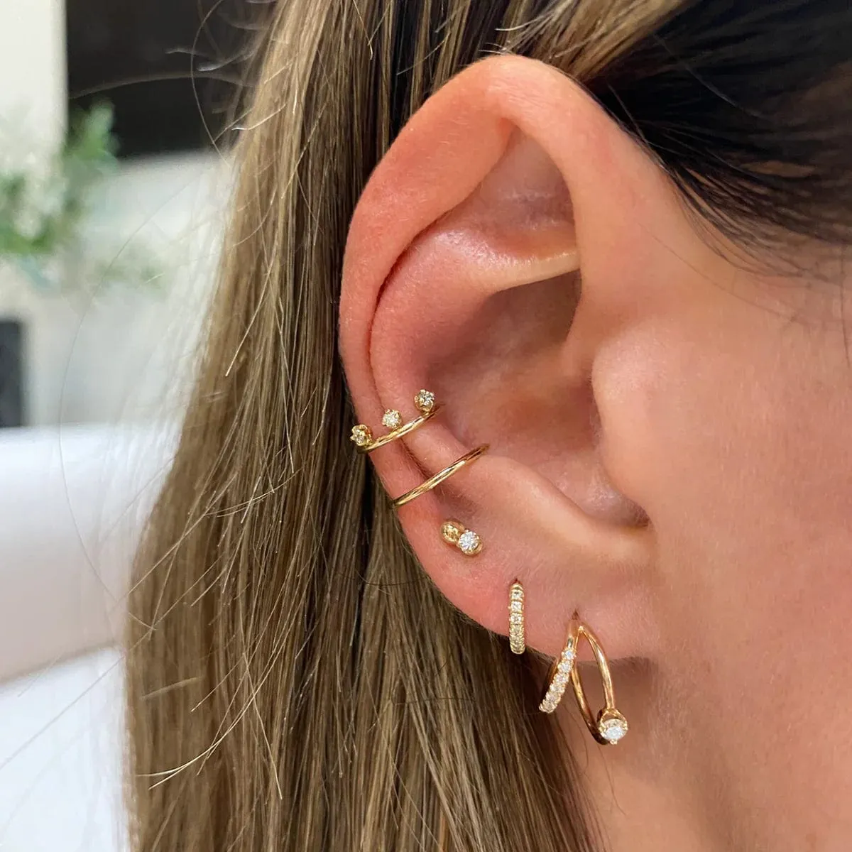 14k Pavé & Prong Diamond Double Wire Huggie Hoops