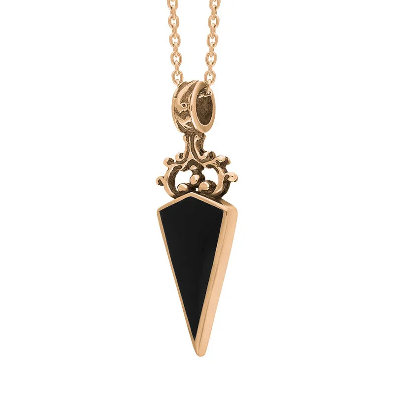 18ct Rose Gold Whitby Jet Malachite Double Sided Scroll Dagger Fob Necklace