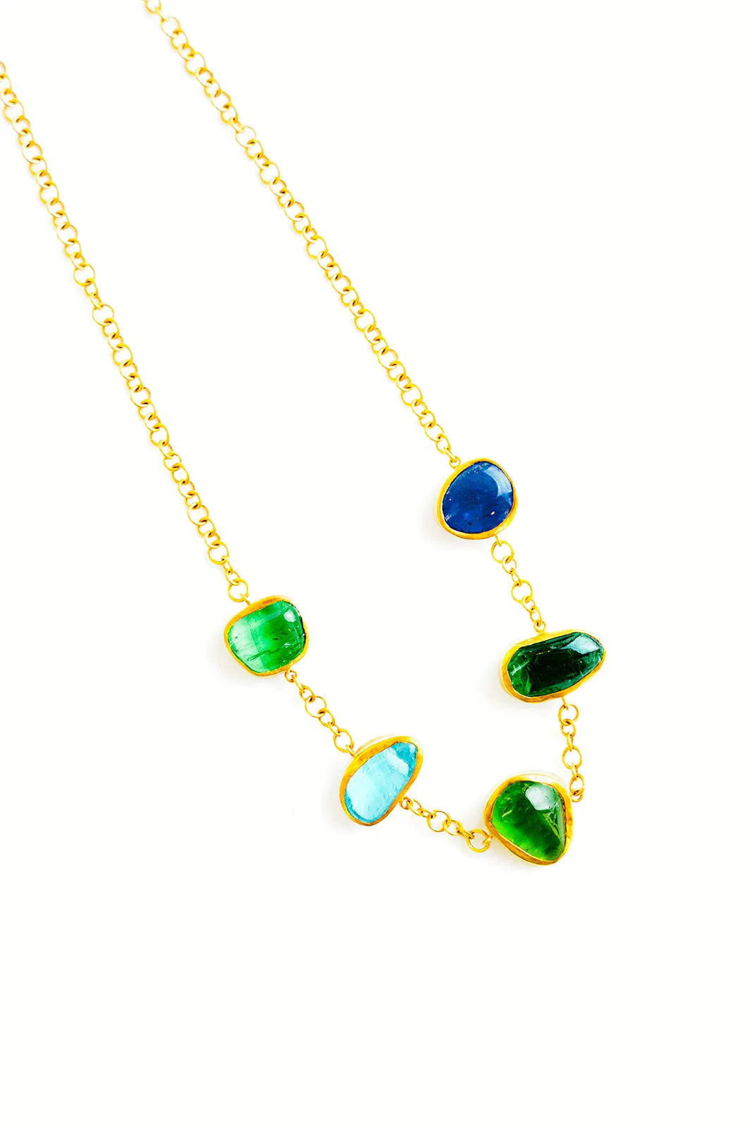 18K Yellow Gold Tanzanite, Aquamarine, and Peridot Five Stone Necklace