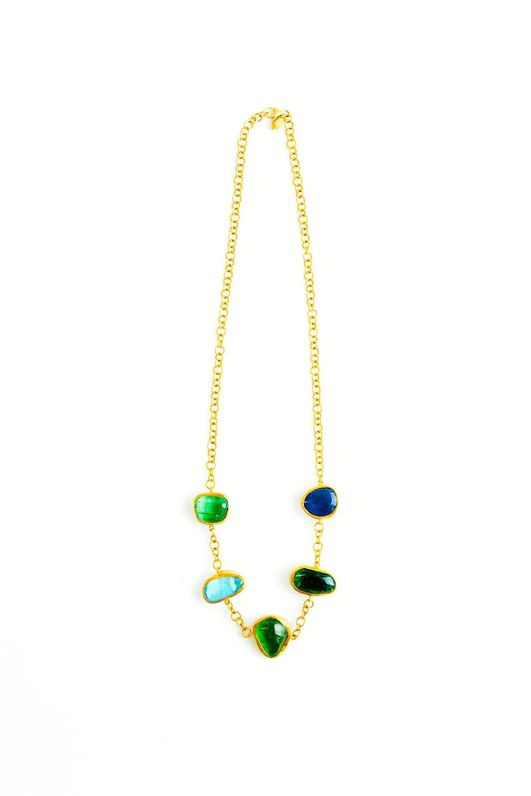 18K Yellow Gold Tanzanite, Aquamarine, and Peridot Five Stone Necklace