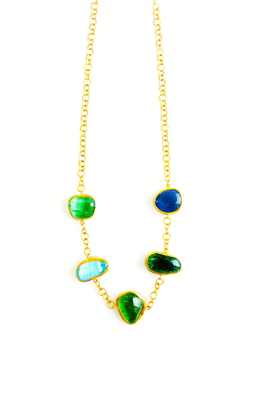 18K Yellow Gold Tanzanite, Aquamarine, and Peridot Five Stone Necklace