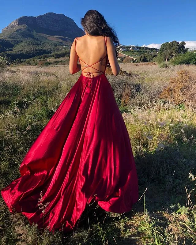 A Line Spaghetti Straps Red Prom Dress Charming Evening Party Dress With Slit