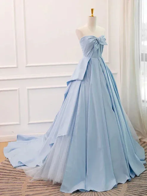 A Line Sweetheart Neck Blue Satin Tulle Long Prom Dress Evening Dress Off Shoulder Charming