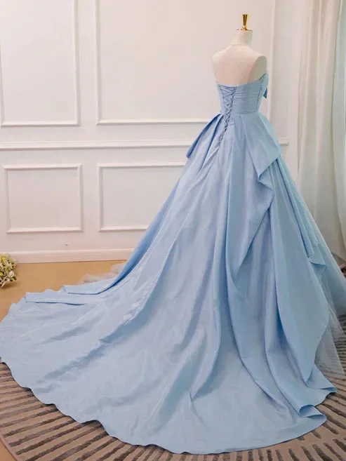 A Line Sweetheart Neck Blue Satin Tulle Long Prom Dress Evening Dress Off Shoulder Charming