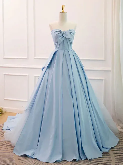 A Line Sweetheart Neck Blue Satin Tulle Long Prom Dress Evening Dress Off Shoulder Charming