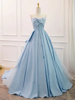 A Line Sweetheart Neck Blue Satin Tulle Long Prom Dress Evening Dress Off Shoulder Charming