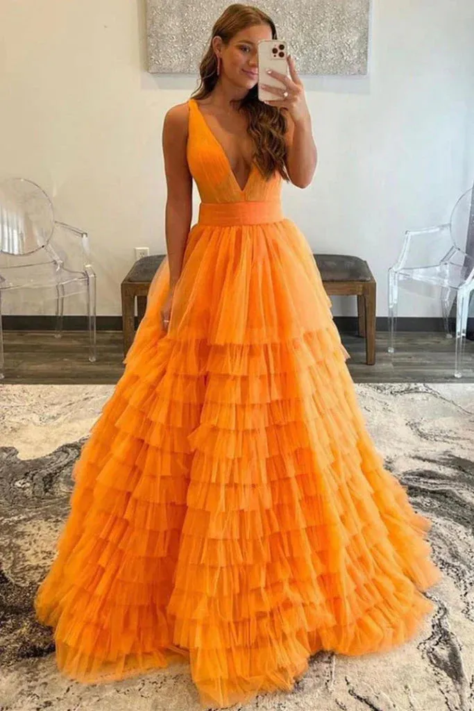 A Line V-neck Prom Dresses Tulle With Ruffles Floor Length Charming