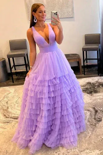 A Line V-neck Prom Dresses Tulle With Ruffles Floor Length Charming