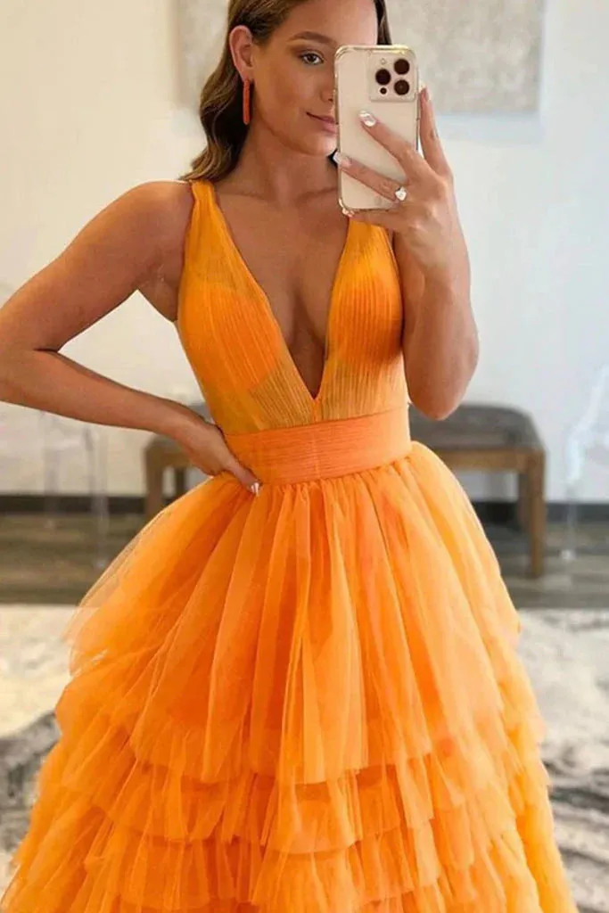 A Line V-neck Prom Dresses Tulle With Ruffles Floor Length Charming