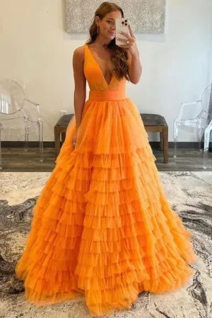 A Line V-neck Prom Dresses Tulle With Ruffles Floor Length Charming