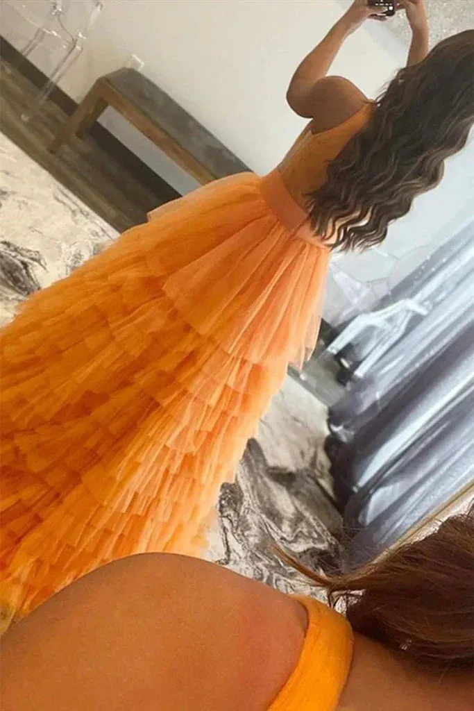 A Line V-neck Prom Dresses Tulle With Ruffles Floor Length Charming