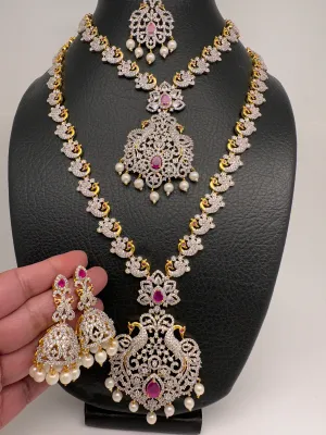 AD Diamond Finish Ganga Jamuna Polish Peacock Long Short Necklace Combo Set