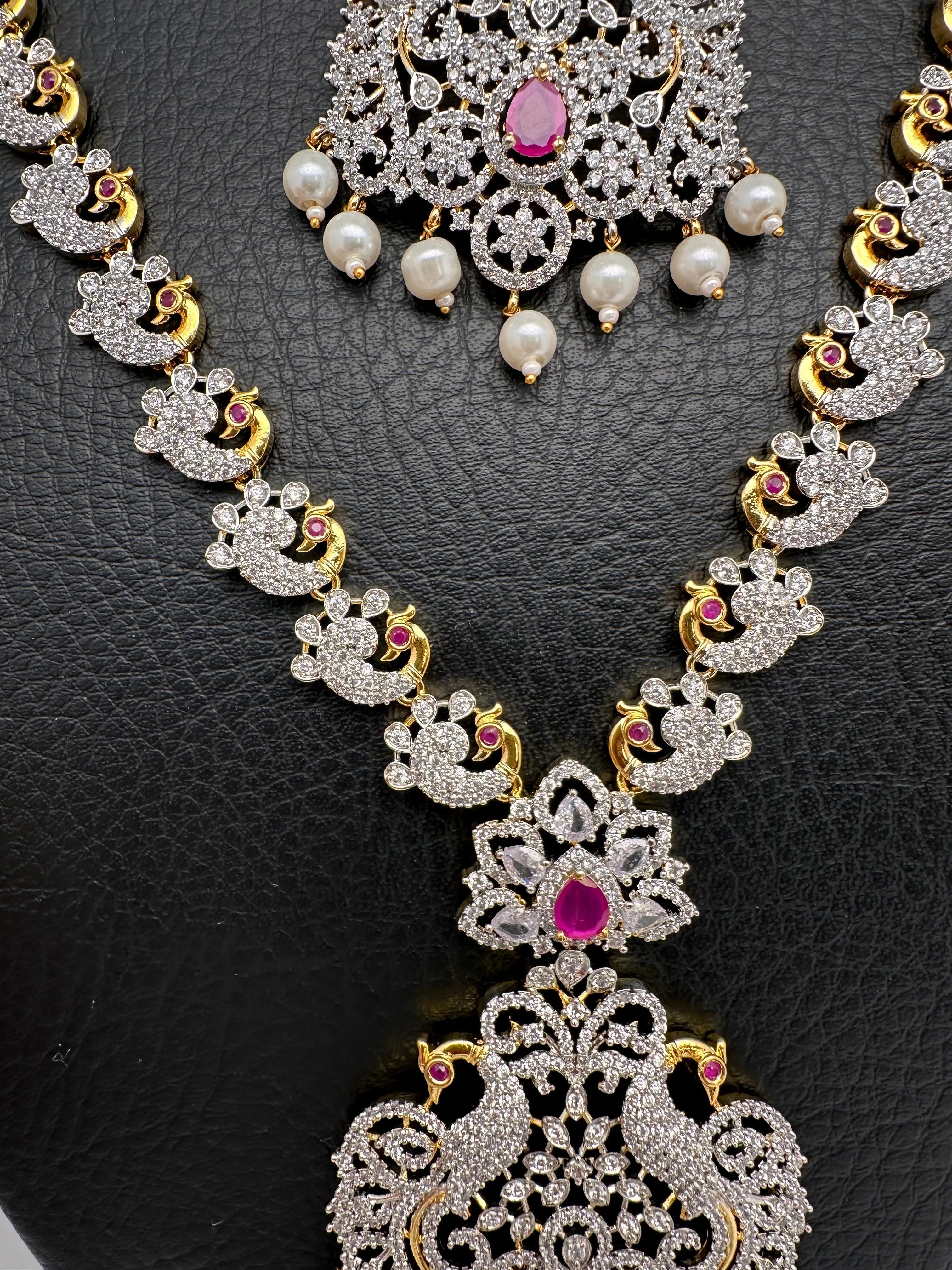 AD Diamond Finish Ganga Jamuna Polish Peacock Long Short Necklace Combo Set