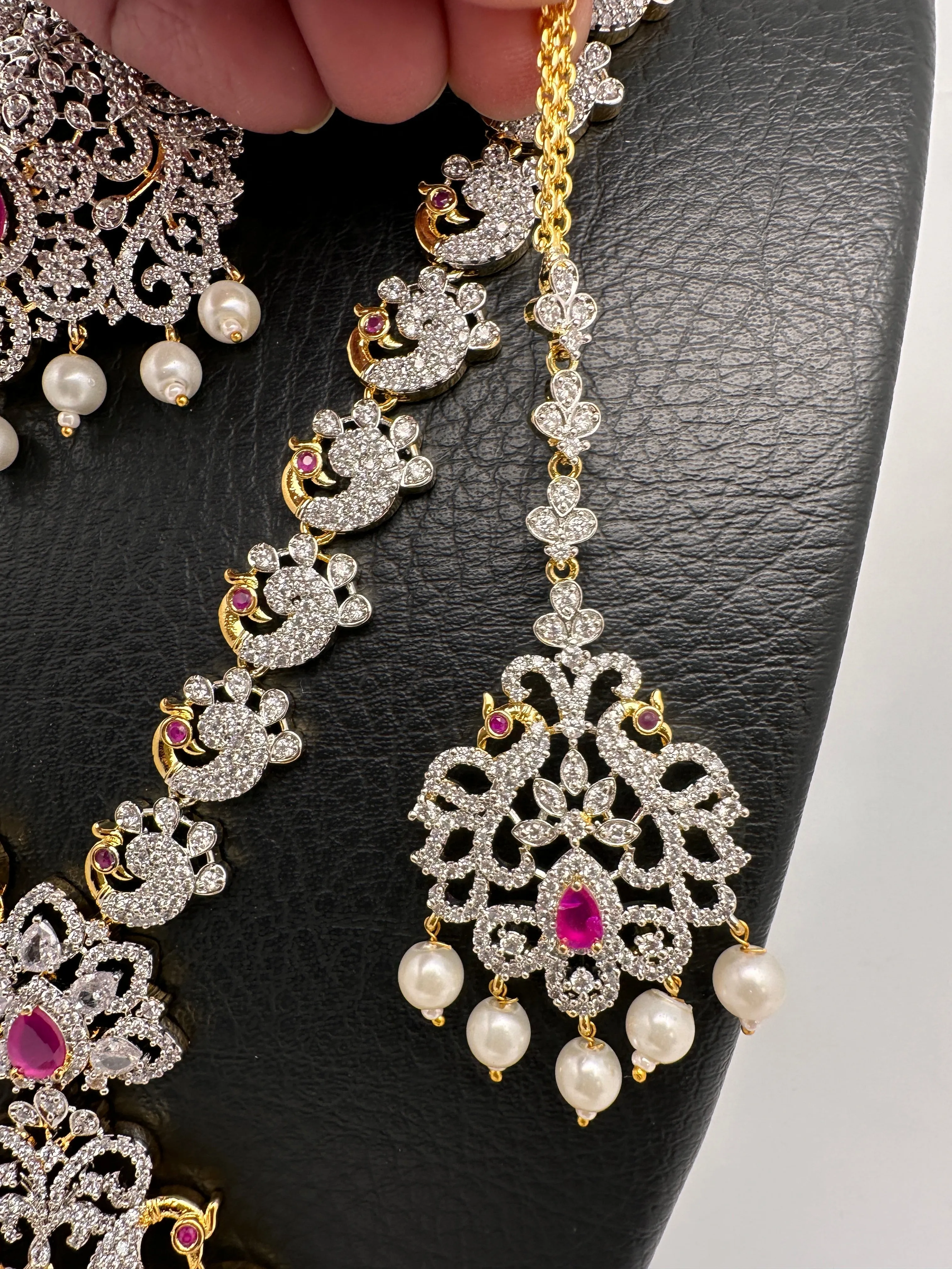 AD Diamond Finish Ganga Jamuna Polish Peacock Long Short Necklace Combo Set