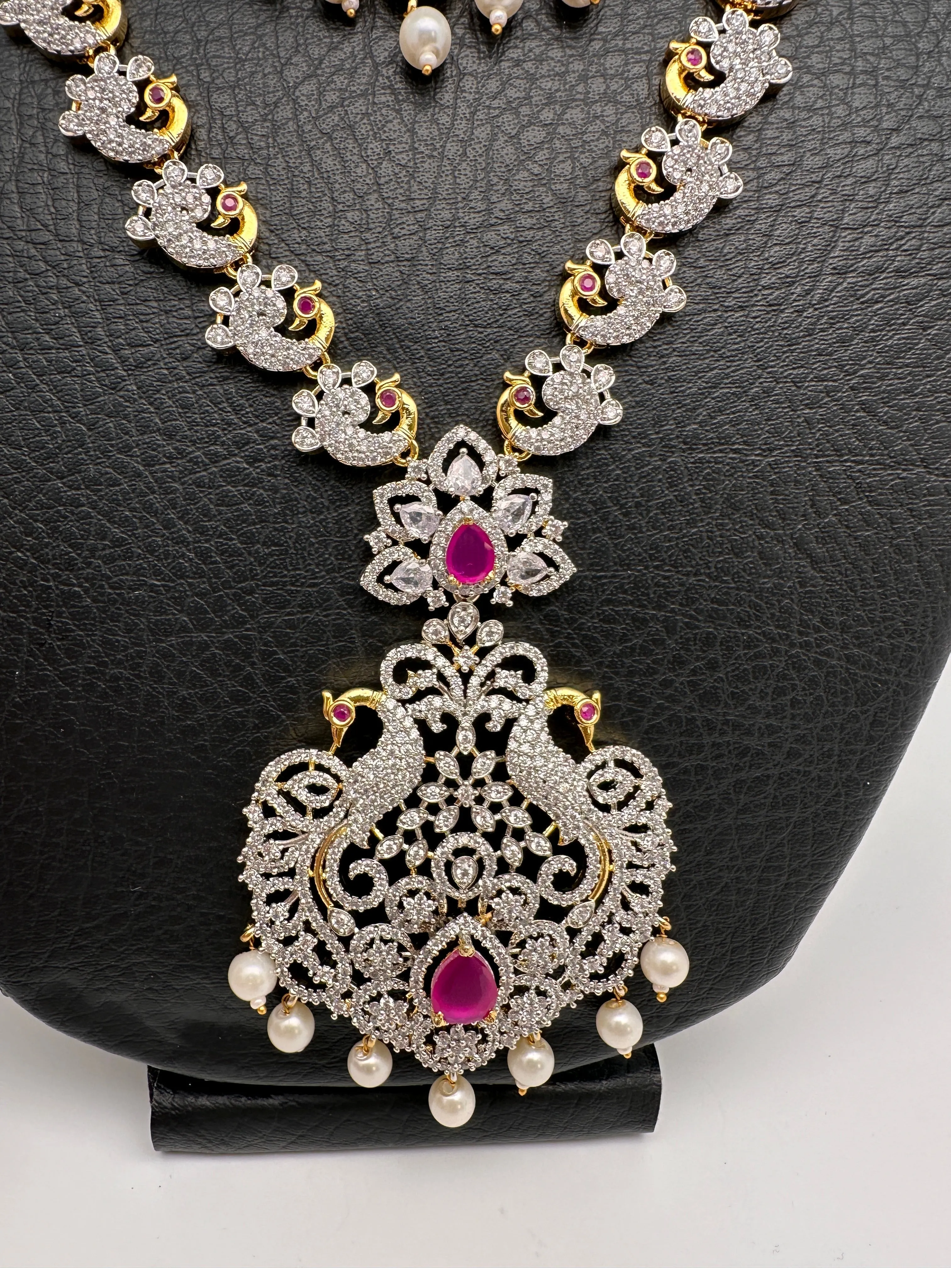AD Diamond Finish Ganga Jamuna Polish Peacock Long Short Necklace Combo Set