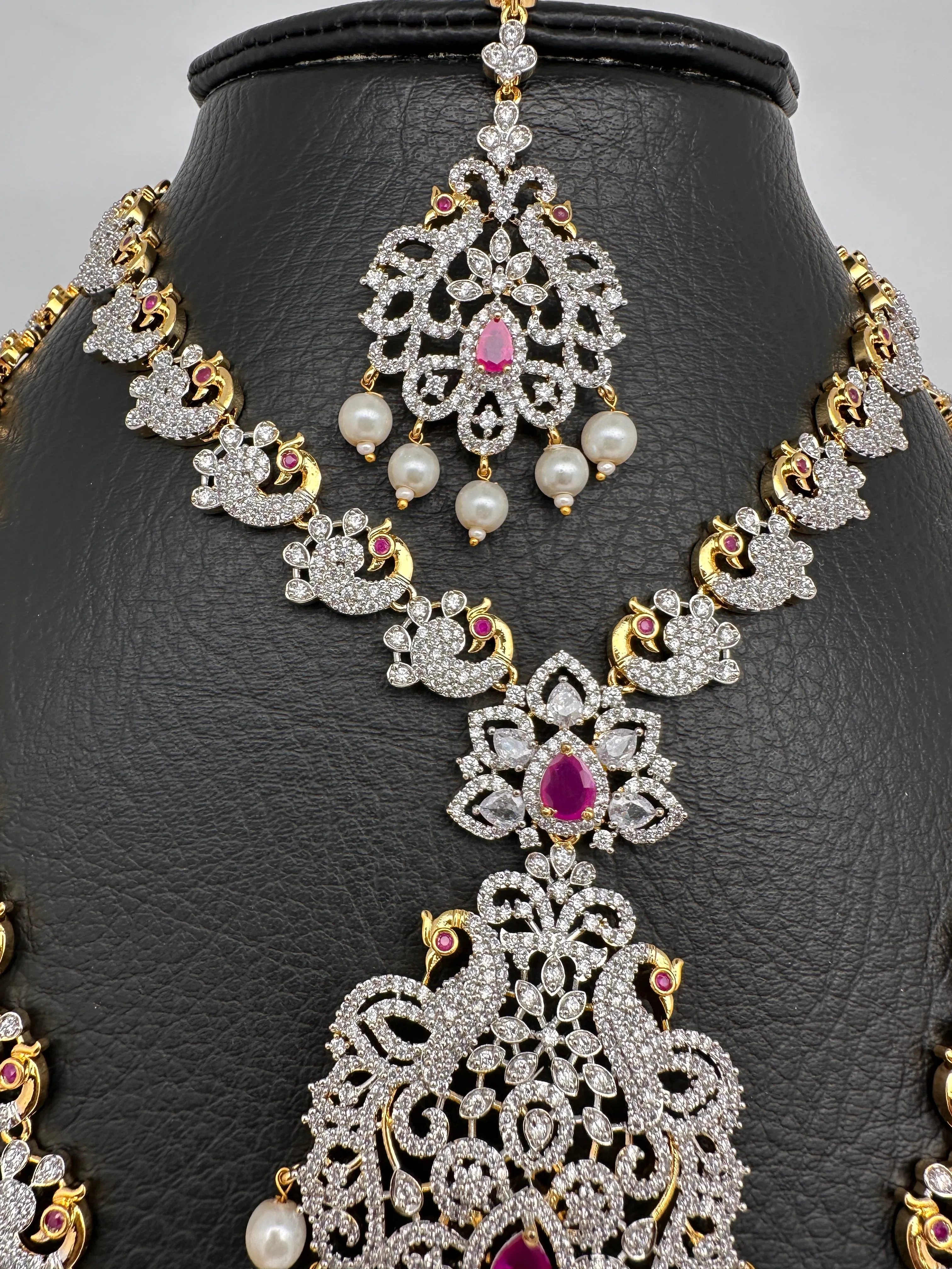 AD Diamond Finish Ganga Jamuna Polish Peacock Long Short Necklace Combo Set
