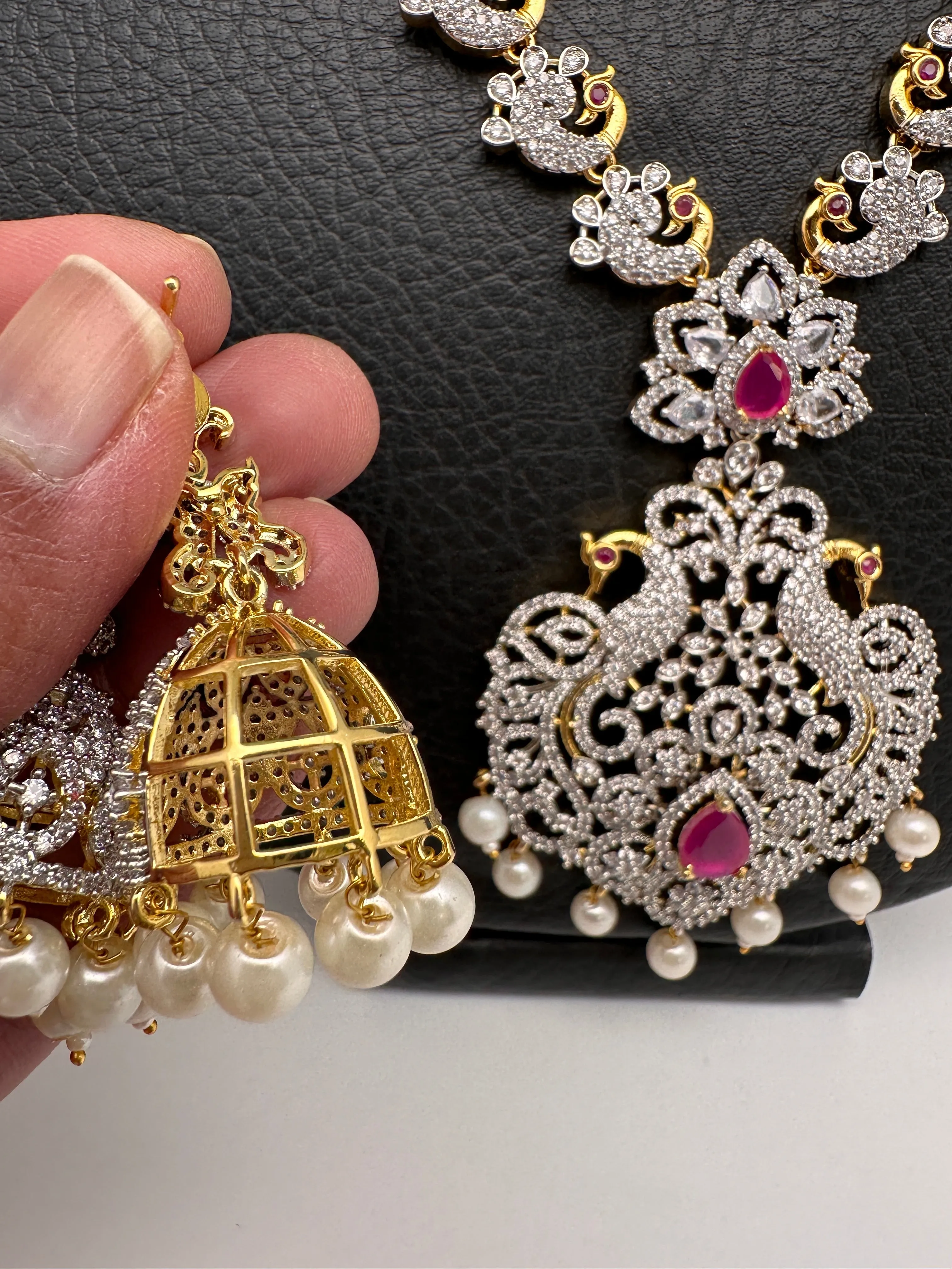 AD Diamond Finish Ganga Jamuna Polish Peacock Long Short Necklace Combo Set