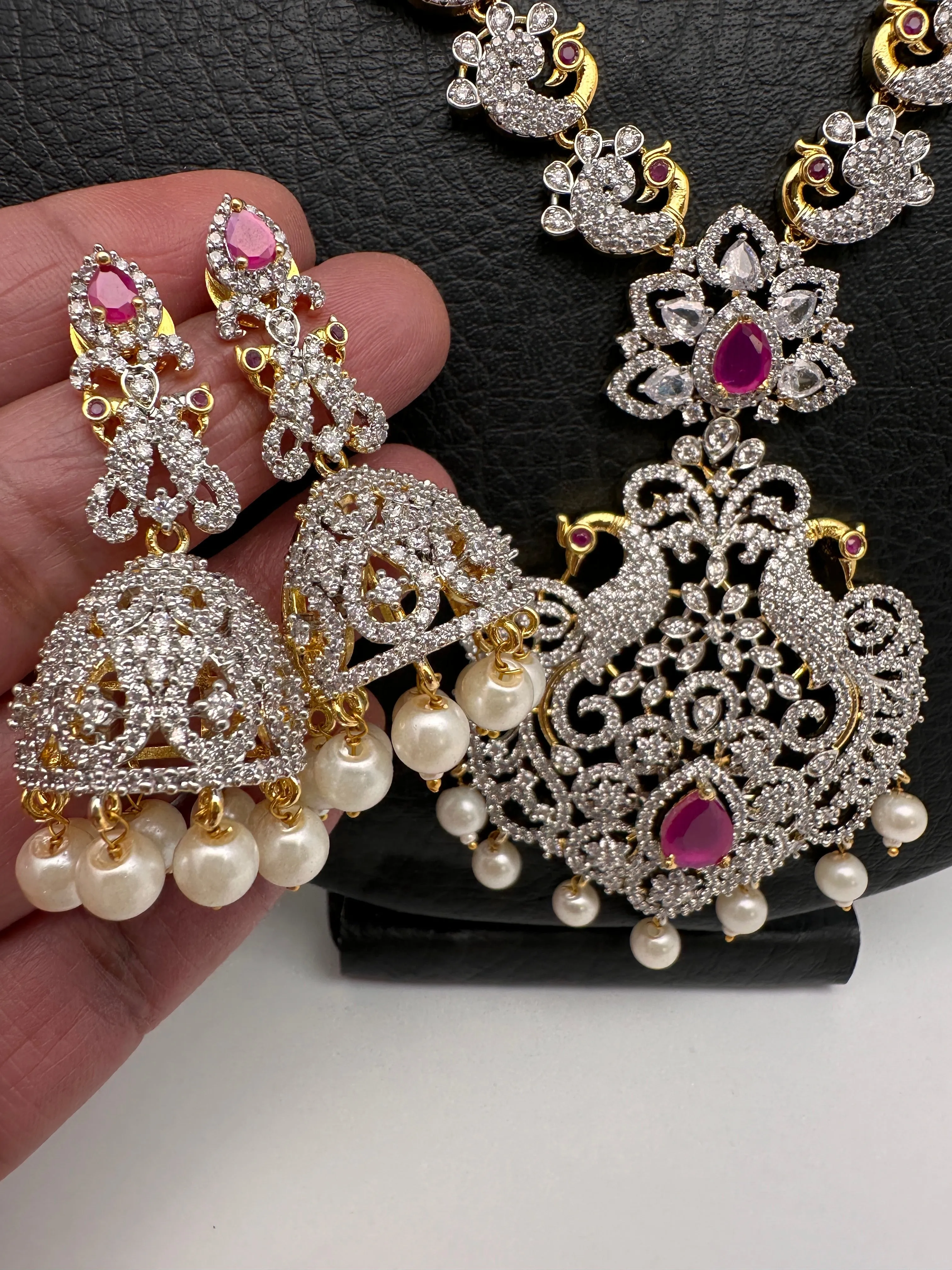 AD Diamond Finish Ganga Jamuna Polish Peacock Long Short Necklace Combo Set