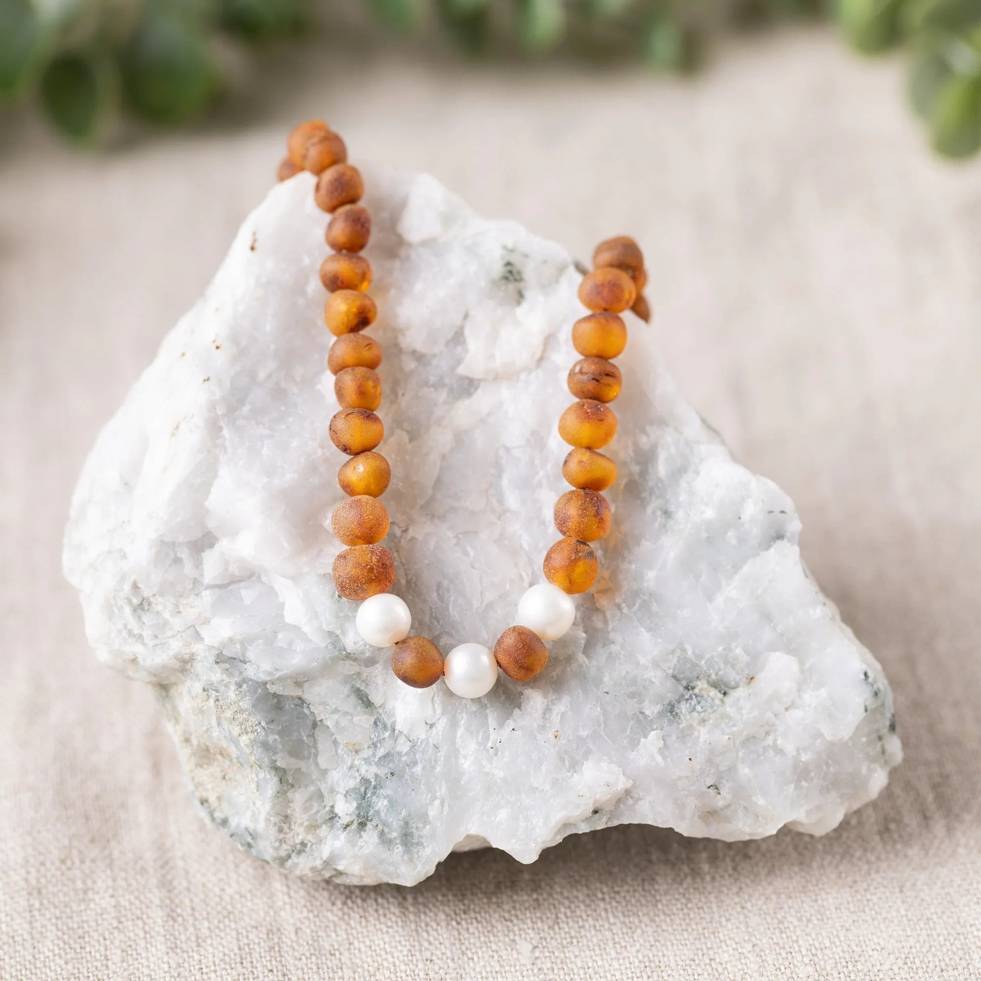 Adults | Freshwater Pearl Accent   Raw Cognac Amber Necklace