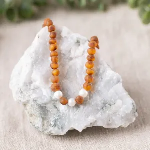 Adults | Freshwater Pearl Accent   Raw Cognac Amber Necklace