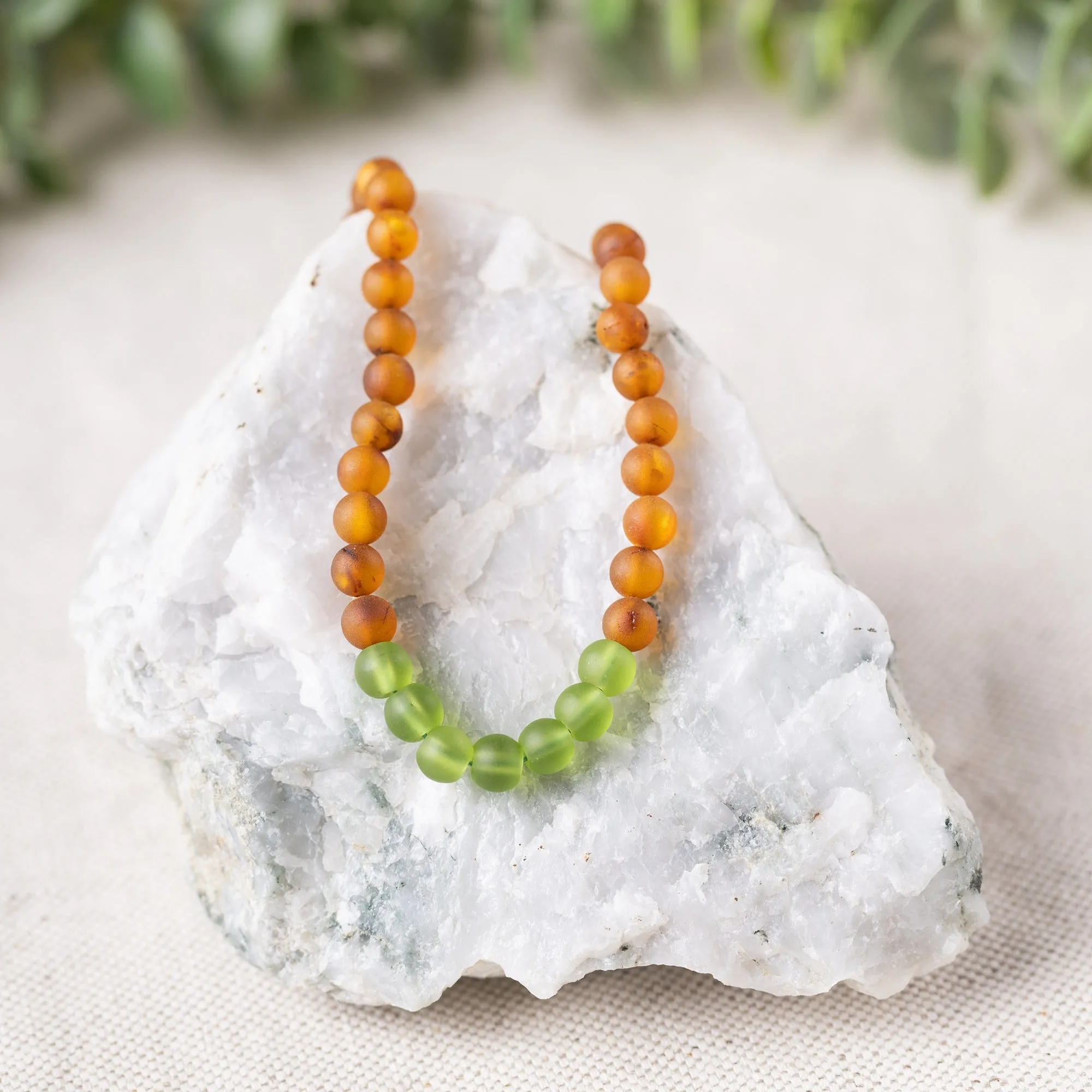 Adults | Green Sea Glass   Raw Cognac Amber Necklace