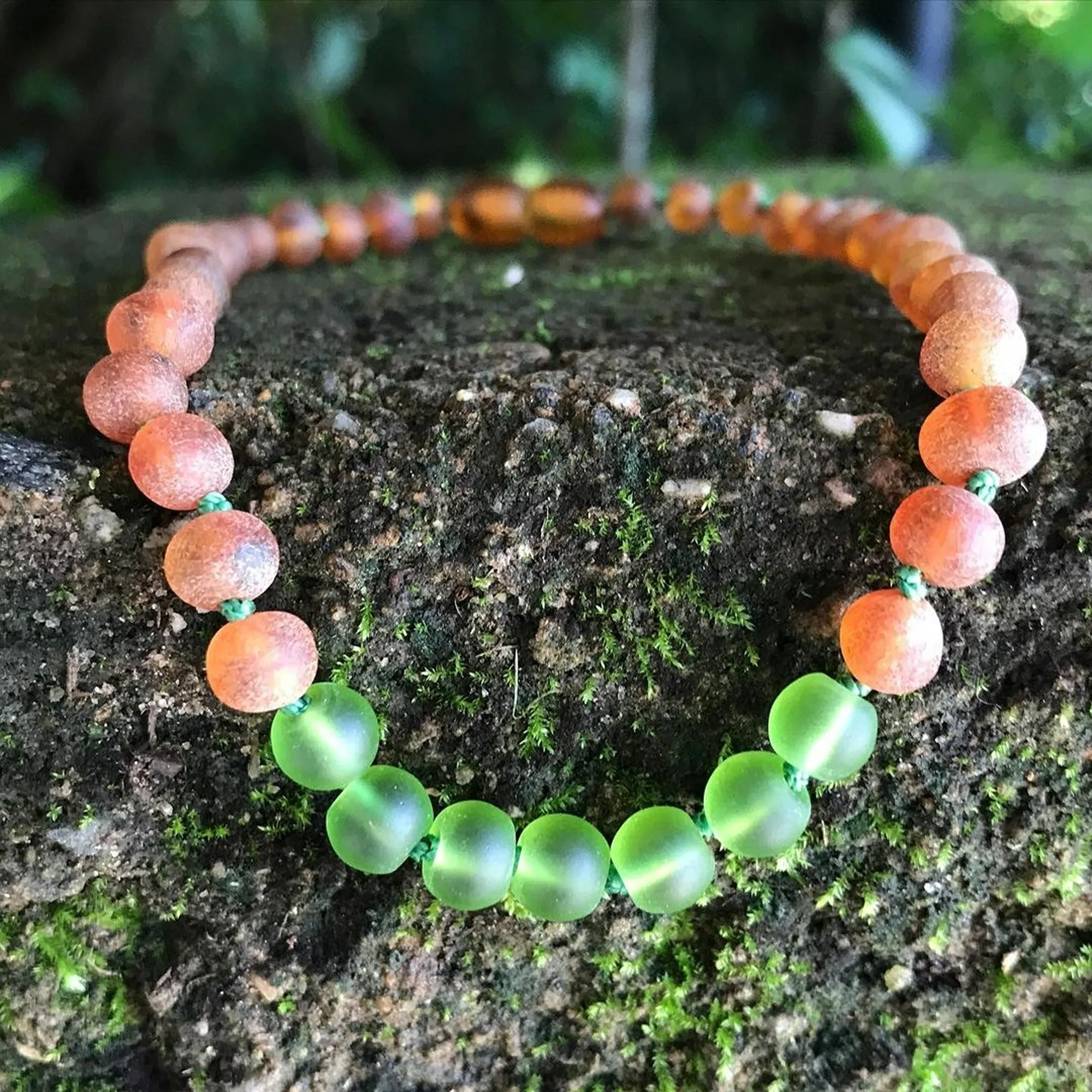 Adults | Green Sea Glass   Raw Cognac Amber Necklace