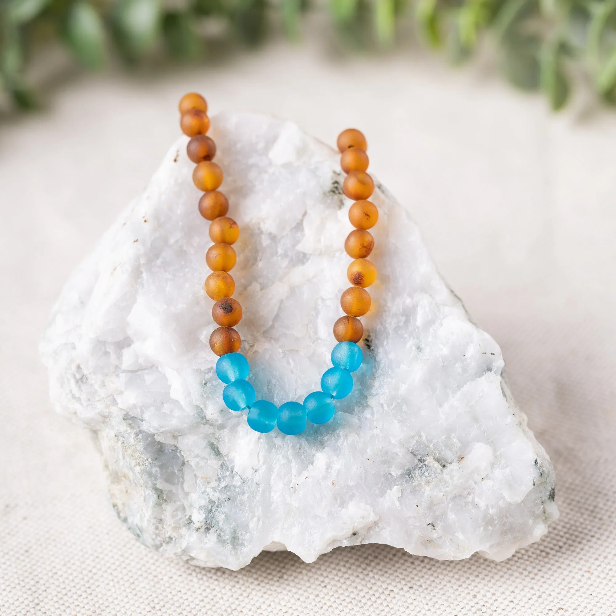 Adults | Marine Blue Sea Glass   Raw Cognac Amber Necklace