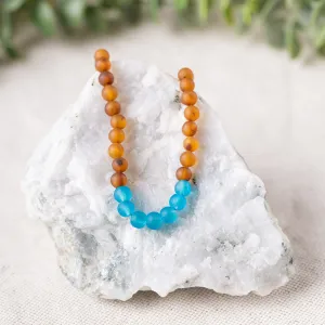 Adults | Marine Blue Sea Glass   Raw Cognac Amber Necklace
