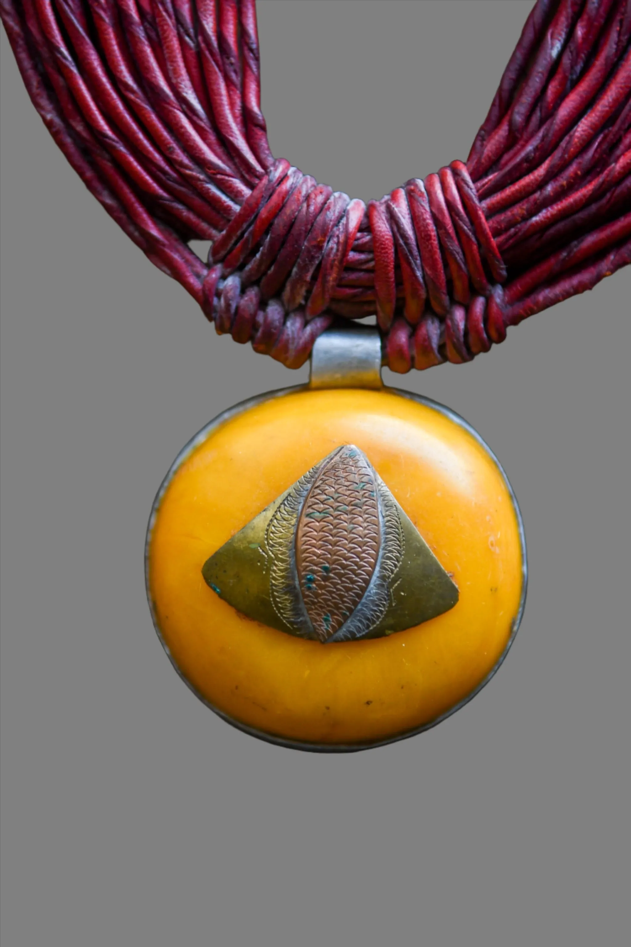 African Tribal Leather Necklace, Amber Pendant