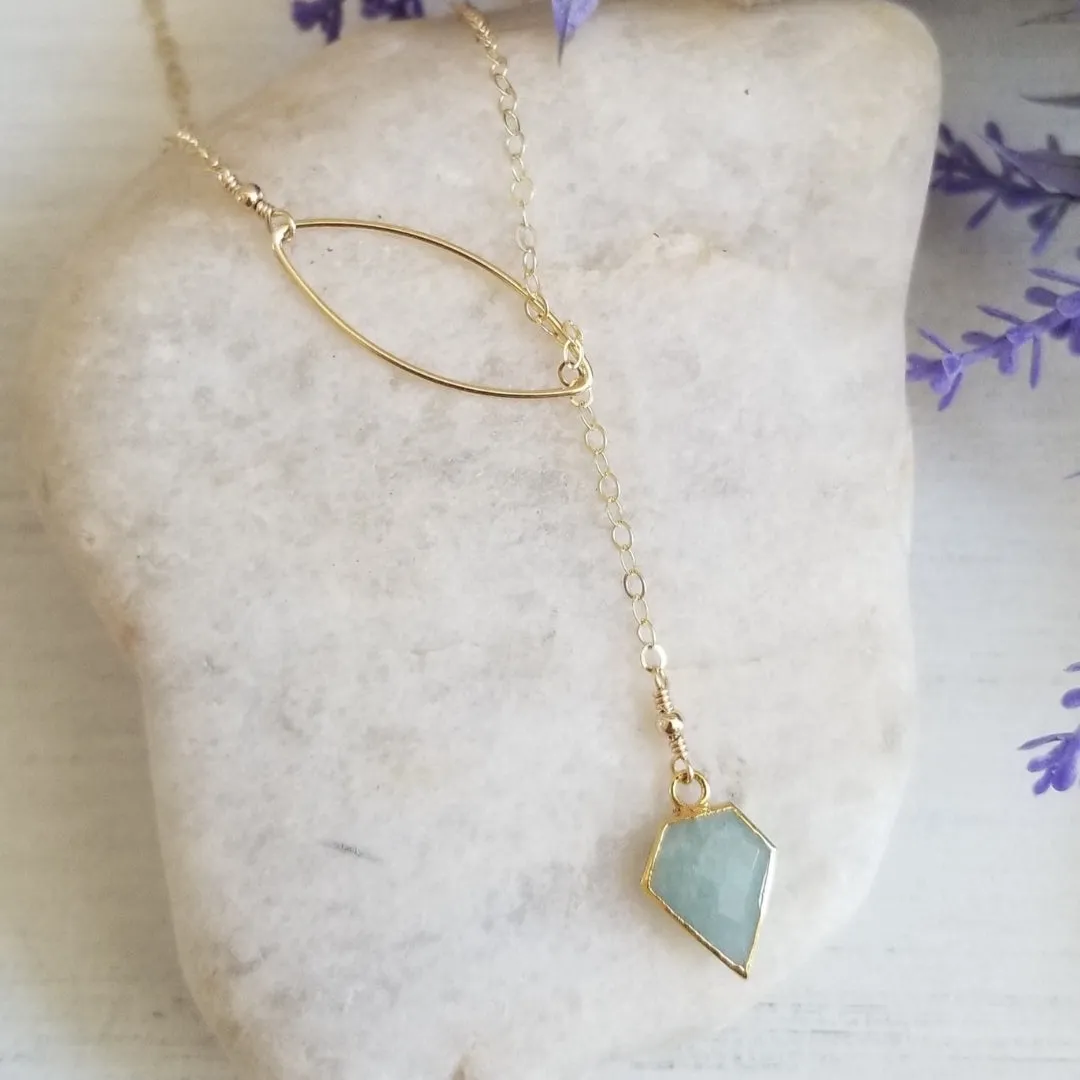Aquamarine Lariat Necklace, Gold Gemstone Y Necklace