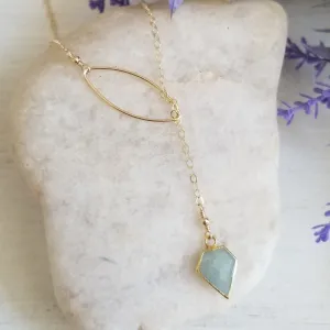 Aquamarine Lariat Necklace, Gold Gemstone Y Necklace