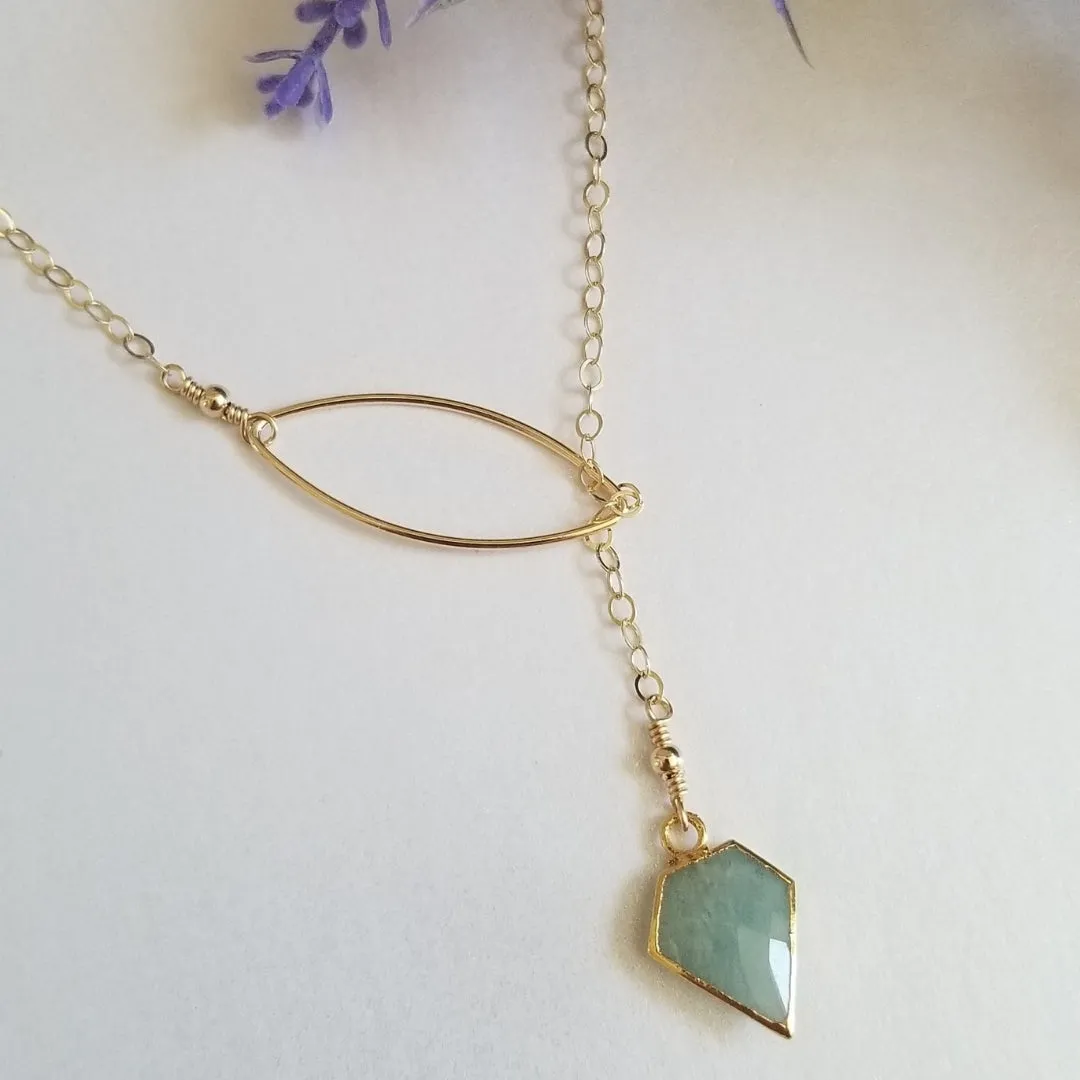 Aquamarine Lariat Necklace, Gold Gemstone Y Necklace