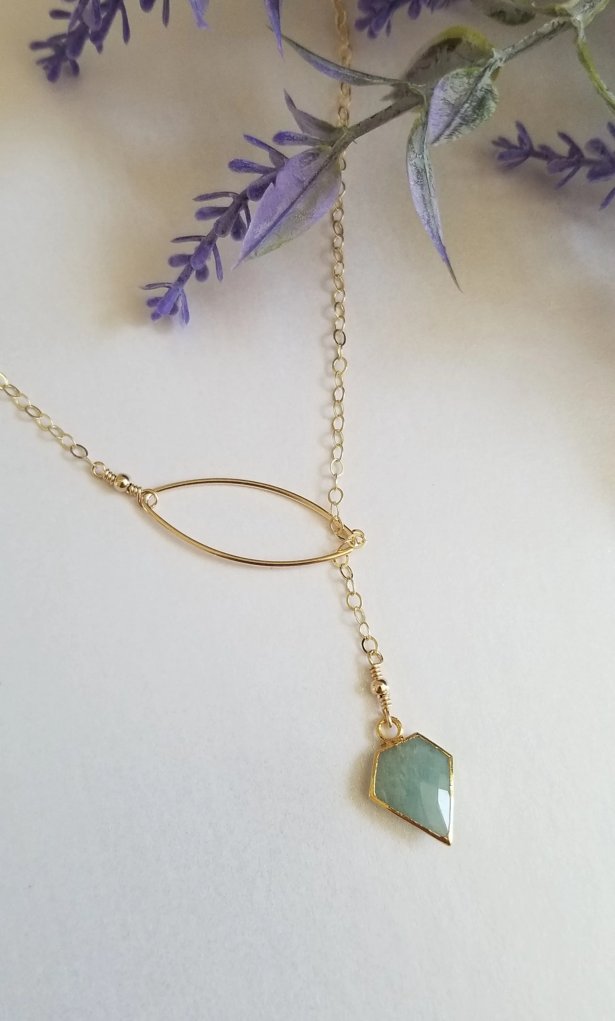Aquamarine Lariat Necklace, Gold Gemstone Y Necklace