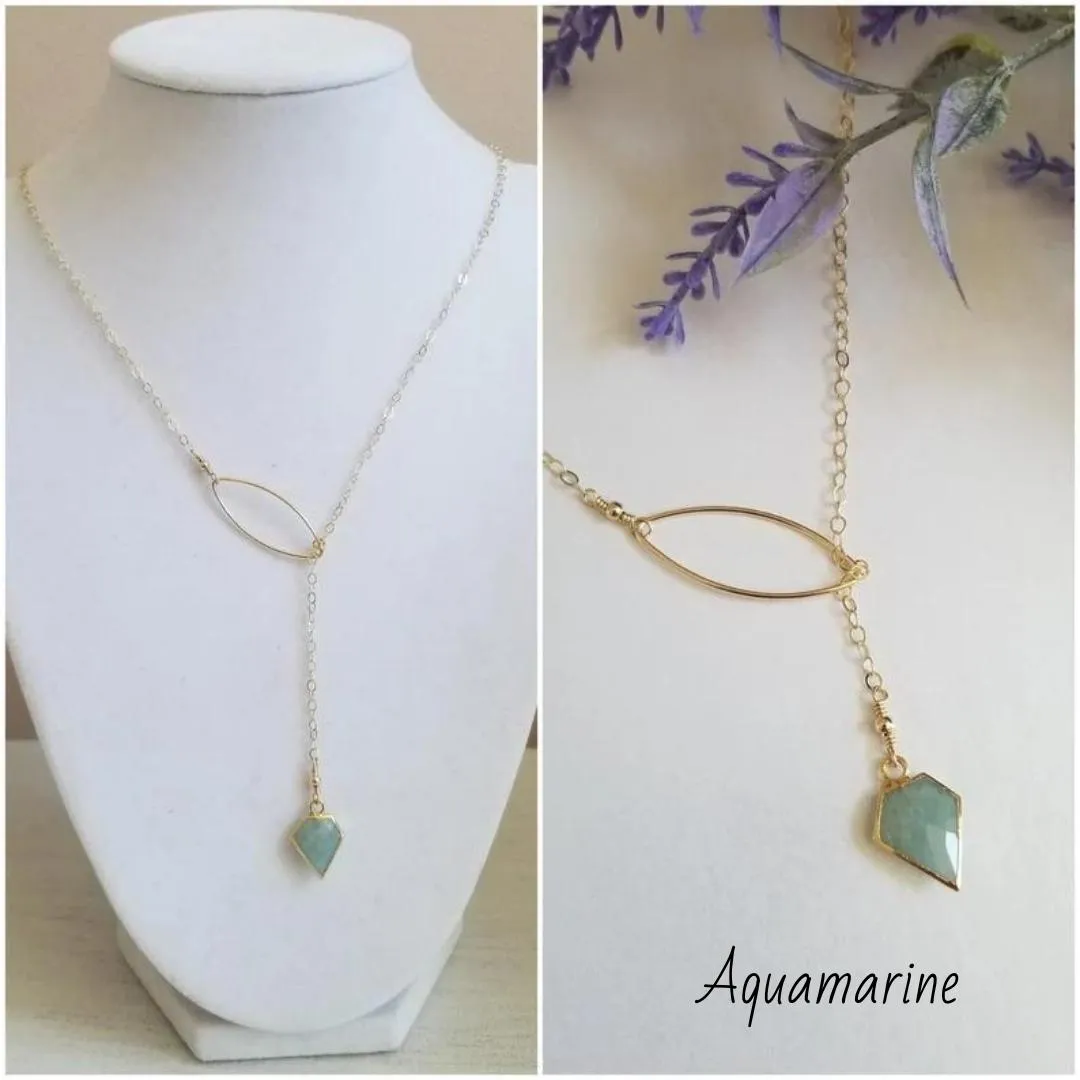 Aquamarine Lariat Necklace, Gold Gemstone Y Necklace
