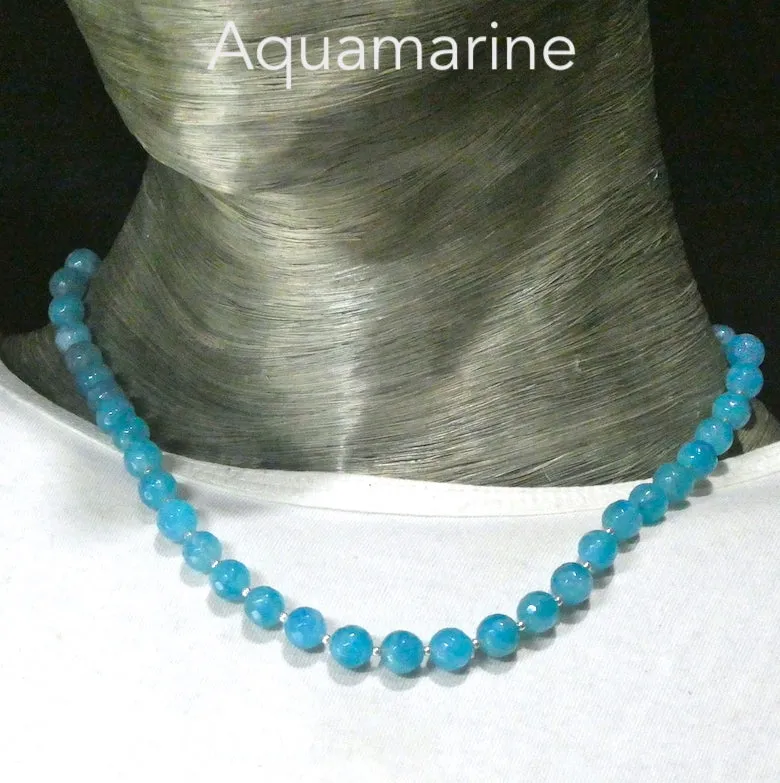 Aquamarine Necklace, Faceted Bead, 925 Sterling Silver Findings