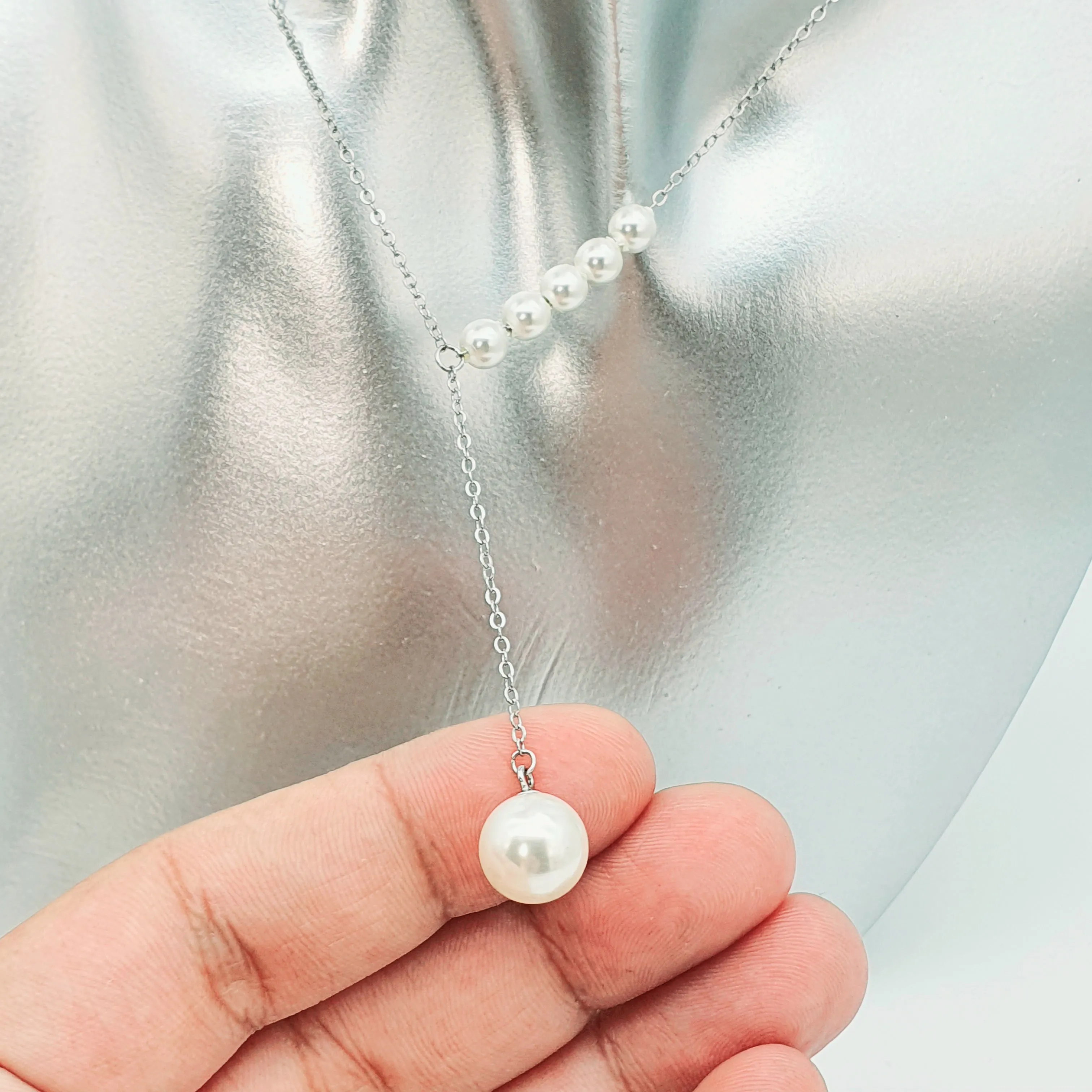 Bead Pearl Necklace, Sterling Silver