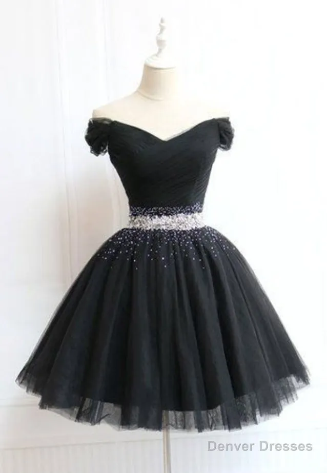 Beautiful Cute Charming Black Tulle V Neck Beaded Short Dress, Black Homecoming Dress