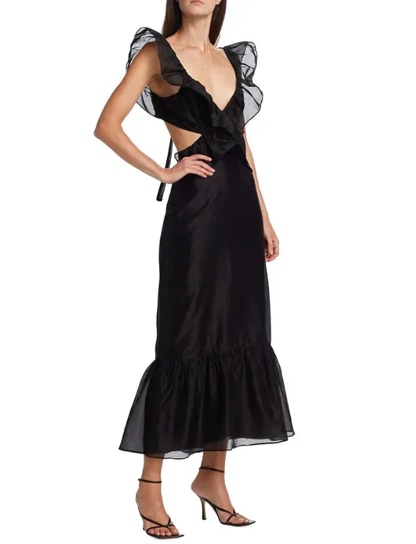Black Ruffle Straps Backless Elegant Party Dress Charming Evening Dress Wholesale