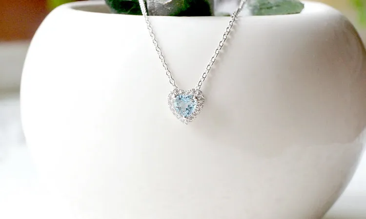 Blue Heart Aquamarine Pendant Necklace in White Gold Plated Silver Women
