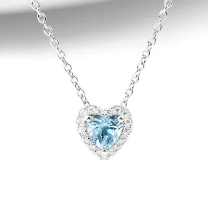 Blue Heart Aquamarine Pendant Necklace in White Gold Plated Silver Women