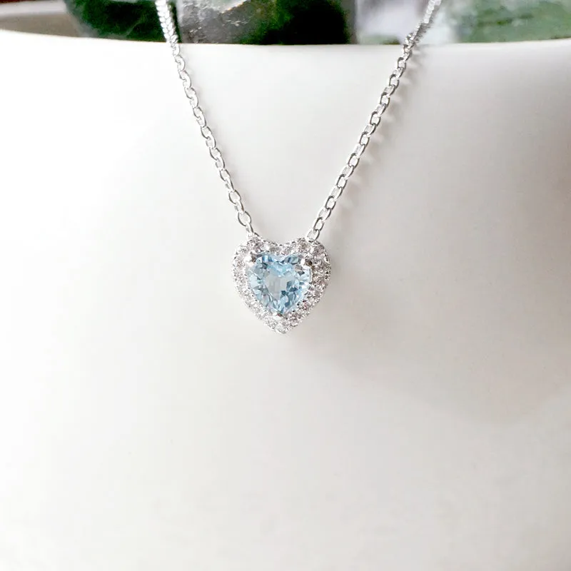Blue Heart Aquamarine Pendant Necklace in White Gold Plated Silver Women