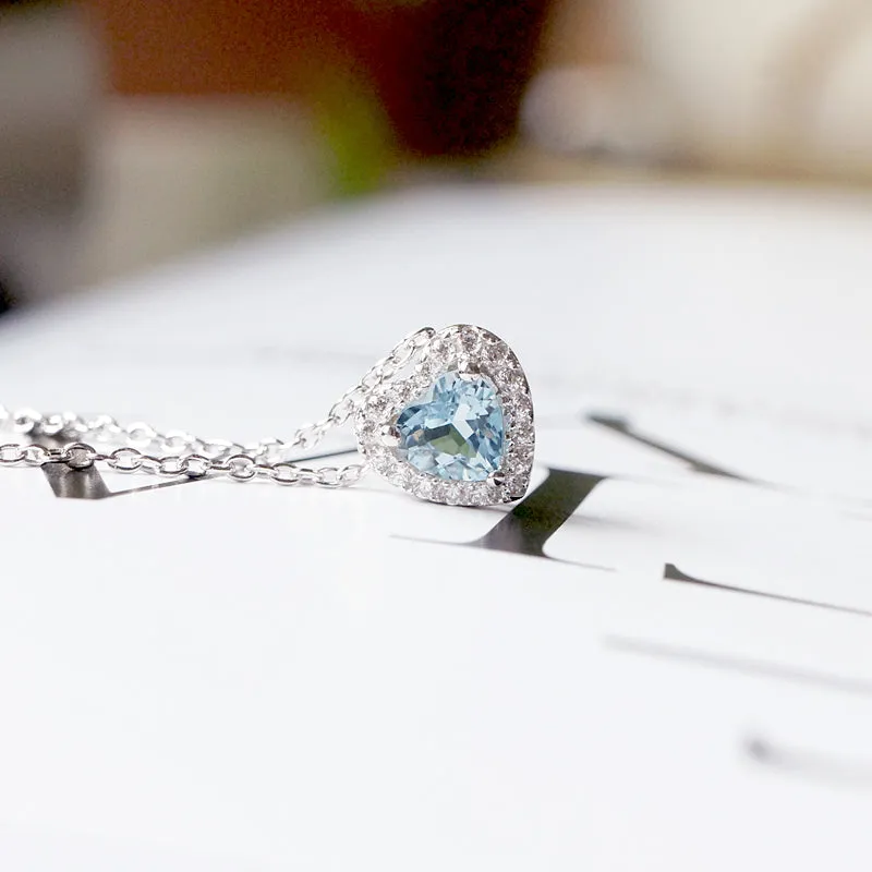 Blue Heart Aquamarine Pendant Necklace in White Gold Plated Silver Women