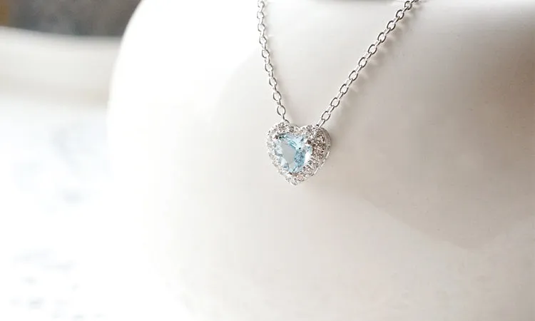 Blue Heart Aquamarine Pendant Necklace in White Gold Plated Silver Women