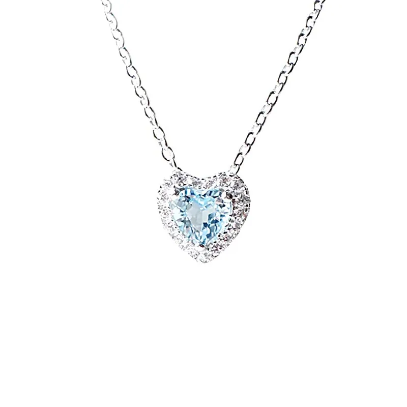 Blue Heart Aquamarine Pendant Necklace in White Gold Plated Silver Women