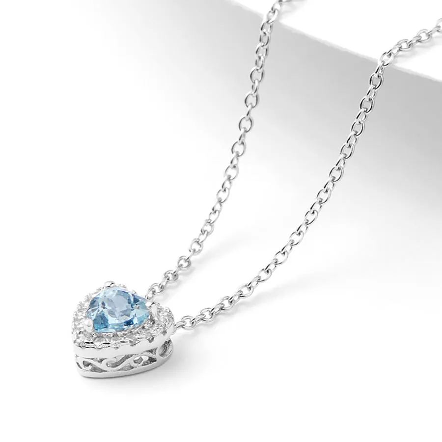 Blue Heart Aquamarine Pendant Necklace in White Gold Plated Silver Women