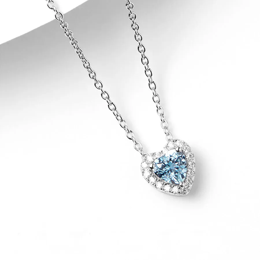 Blue Heart Aquamarine Pendant Necklace in White Gold Plated Silver Women