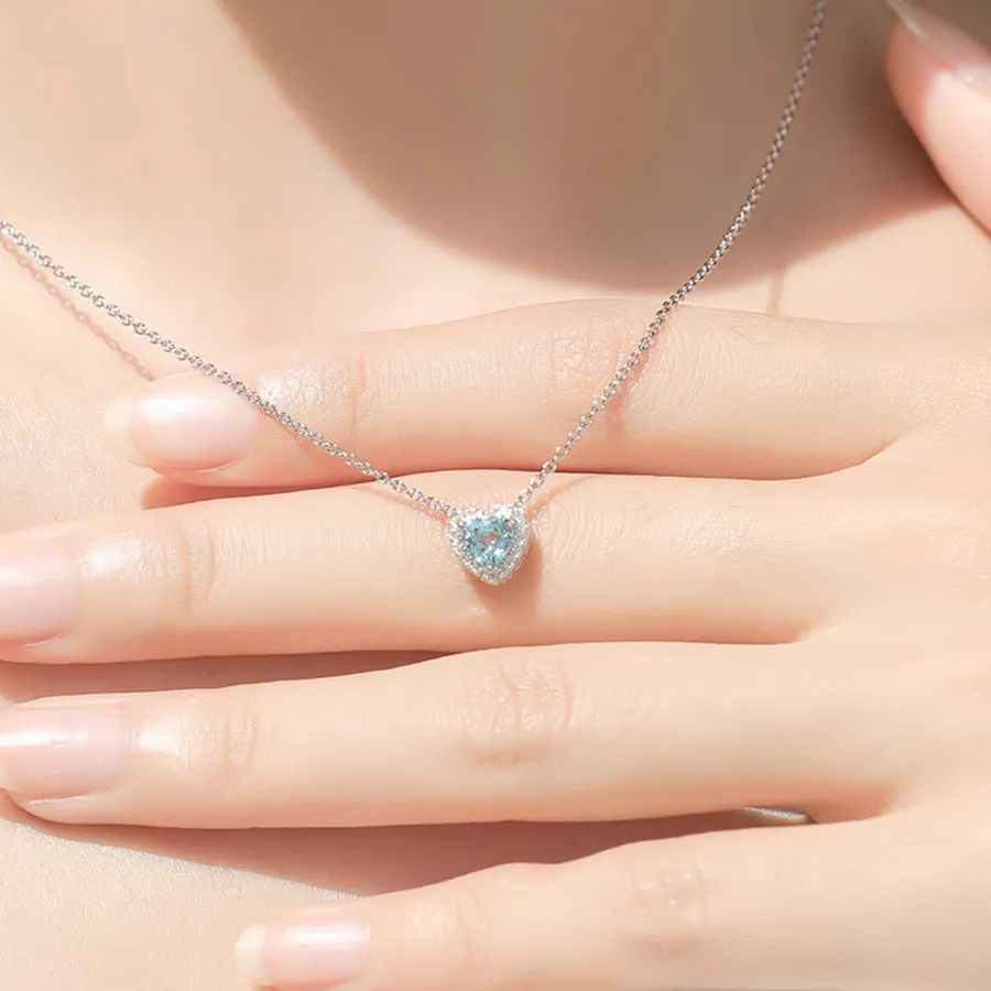 Blue Heart Aquamarine Pendant Necklace in White Gold Plated Silver Women