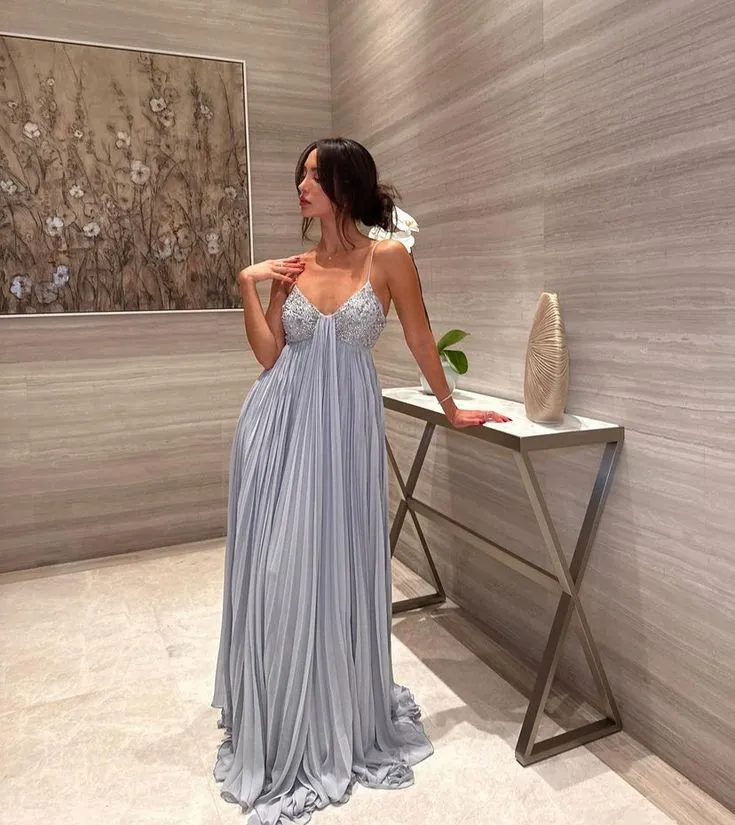 Charming Blue Spaghetti Strap Long Evening Dress Bridesmaid Dress Beautiful And Elegant Sleeveless