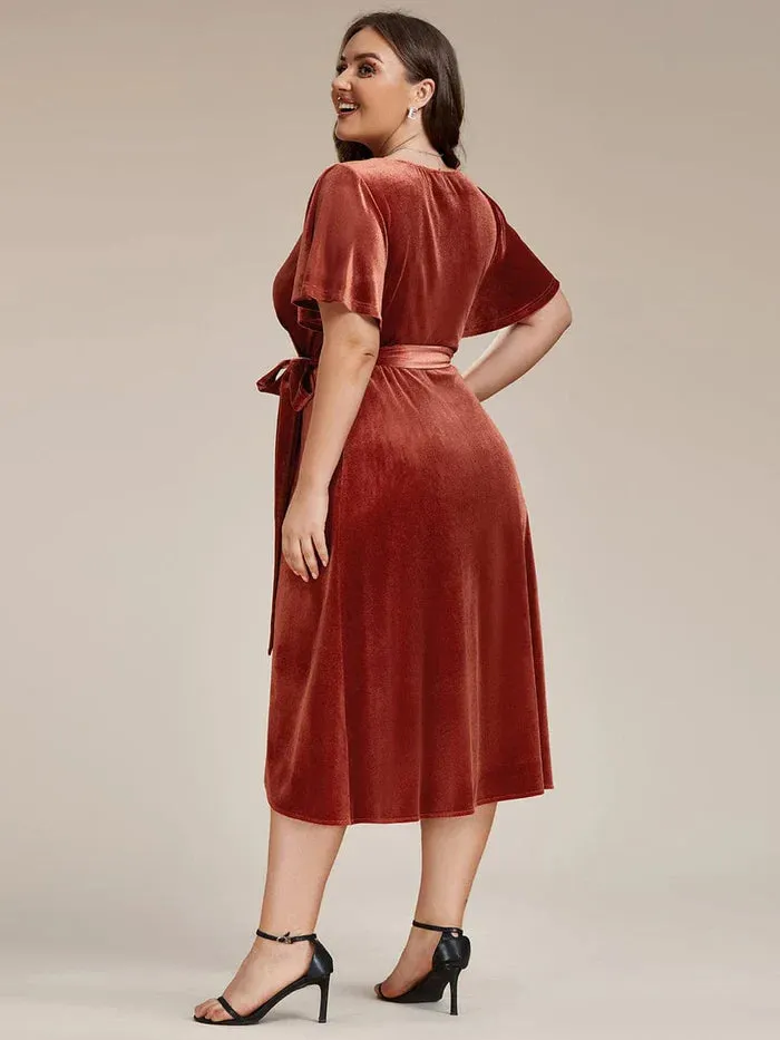 Charming Flutter Sleeves V-Neck Velvet Wedding Guest Dress